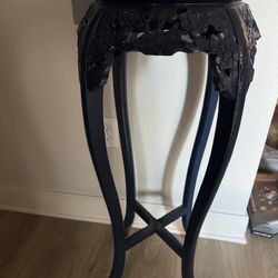 Chinese Carved Wood Pedestal Table With Marble Inset Top  