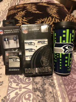 Seattle Seahawks earphones playing cards Dominos and cup