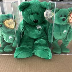 Ty Beanie Babies(2) In Acrylic Boxes & (1)BUDDIE ALL “RETIRED” “Erin” The Green Shamrock Bear. MINT!!!😎