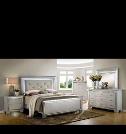 Silver Bedroom Furniture Set with LED Headboard
