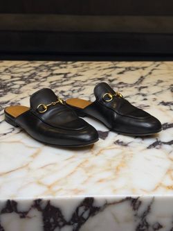 GUCCI Princetown Horsebit Mules Black Leather Gold