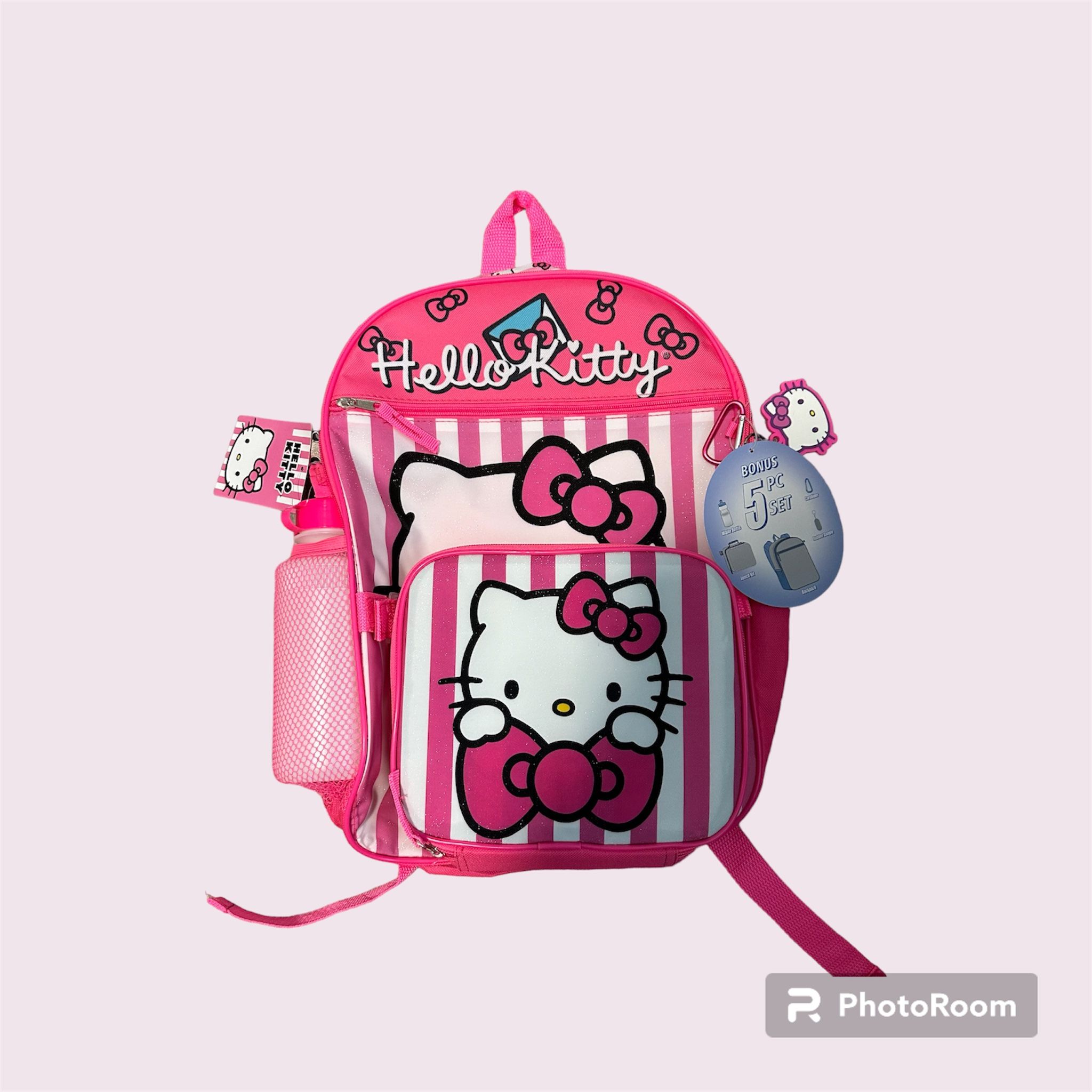 Hello Kitty Backpack 5 Piece Lunch Bag Carabiner Water Bottle Key Chain Sanrio