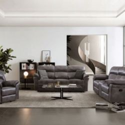 Brand New Grey Leather 3pc Reclining Sofa Set