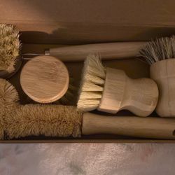 Bamboo Dish Brush Set - 5 Packs Natural Wooden Kitchen Brush, 4 Dish Scrubbers with One Replacement Head, Cleaning for Pots, Bottles and Vegetables