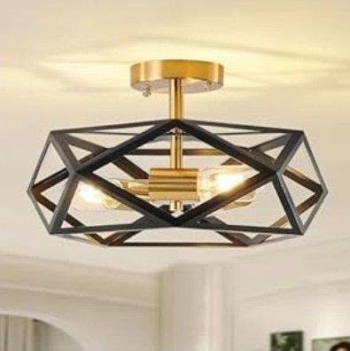 YUEMZS 3 Light Semi Flush Mount Ceiling Lighting Fixture, For Kitchen, Hallway, Bedroom, Black and Gold Finish