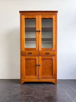 Antique Pantry Cupboard with Glass Doors & Metal Side Panels