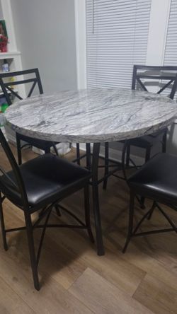 Round Marble-Top Dining Table + 4 Chairs
