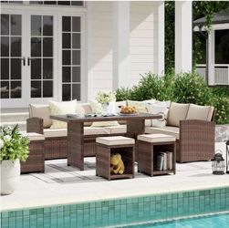 7pc Rattan Outdoor Patio Furniture Set With Dining Table Brown Wicker With Beige Cushions  New