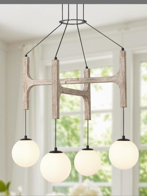 Farmhouse Antique White Wood Chandelier, 4-Lights Rustic Dining Room Light Fixture Kitchen Island Lighting, Vintage Milk Glass Globe Pendant Chandelie