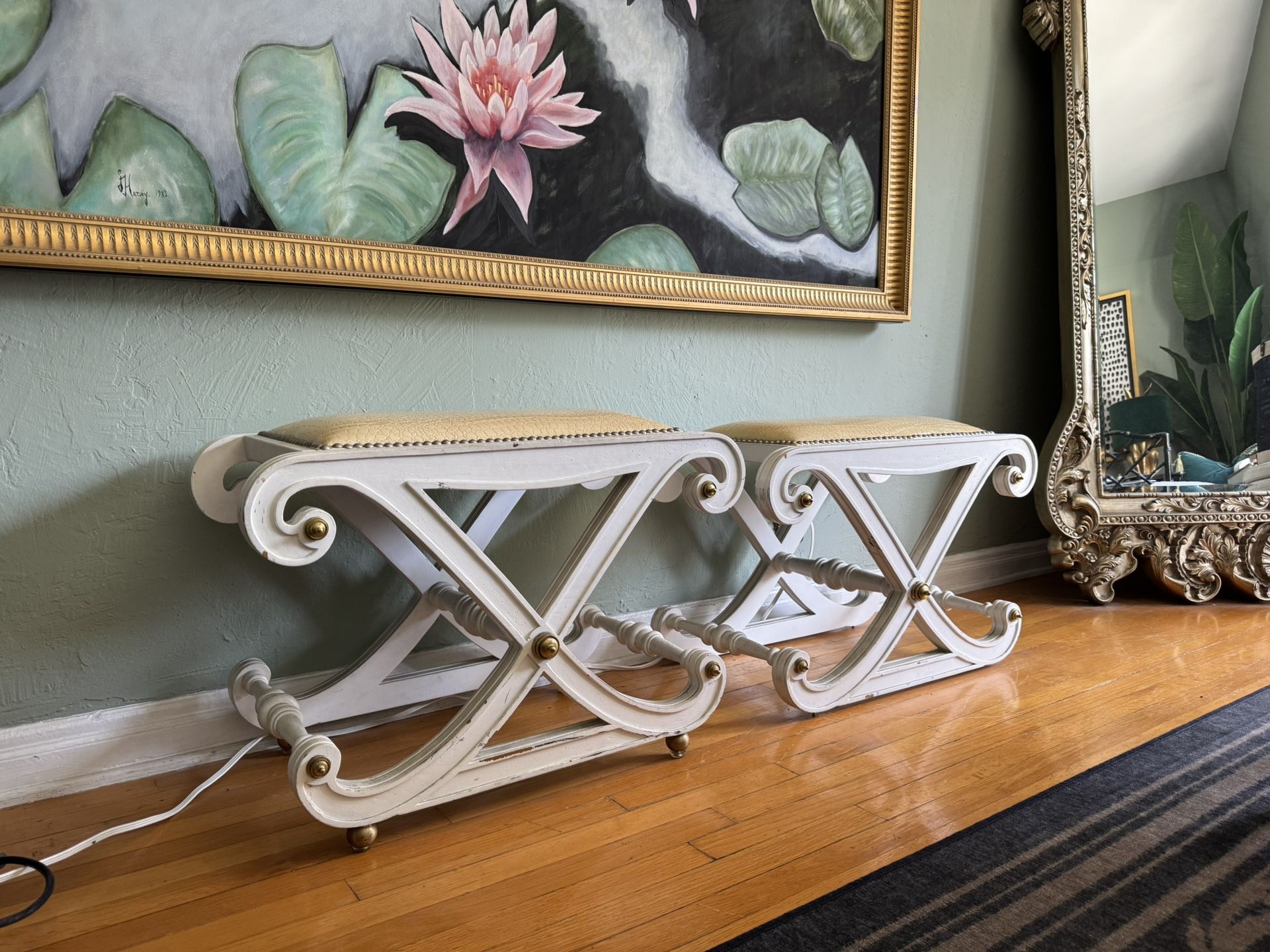 Pair of Vintage Hollywood Regency X Stools Benches