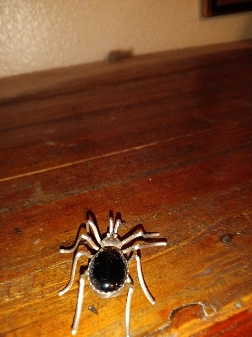 Navajo E Spencer Sterling Silver Spider Brooch Onyx Belly