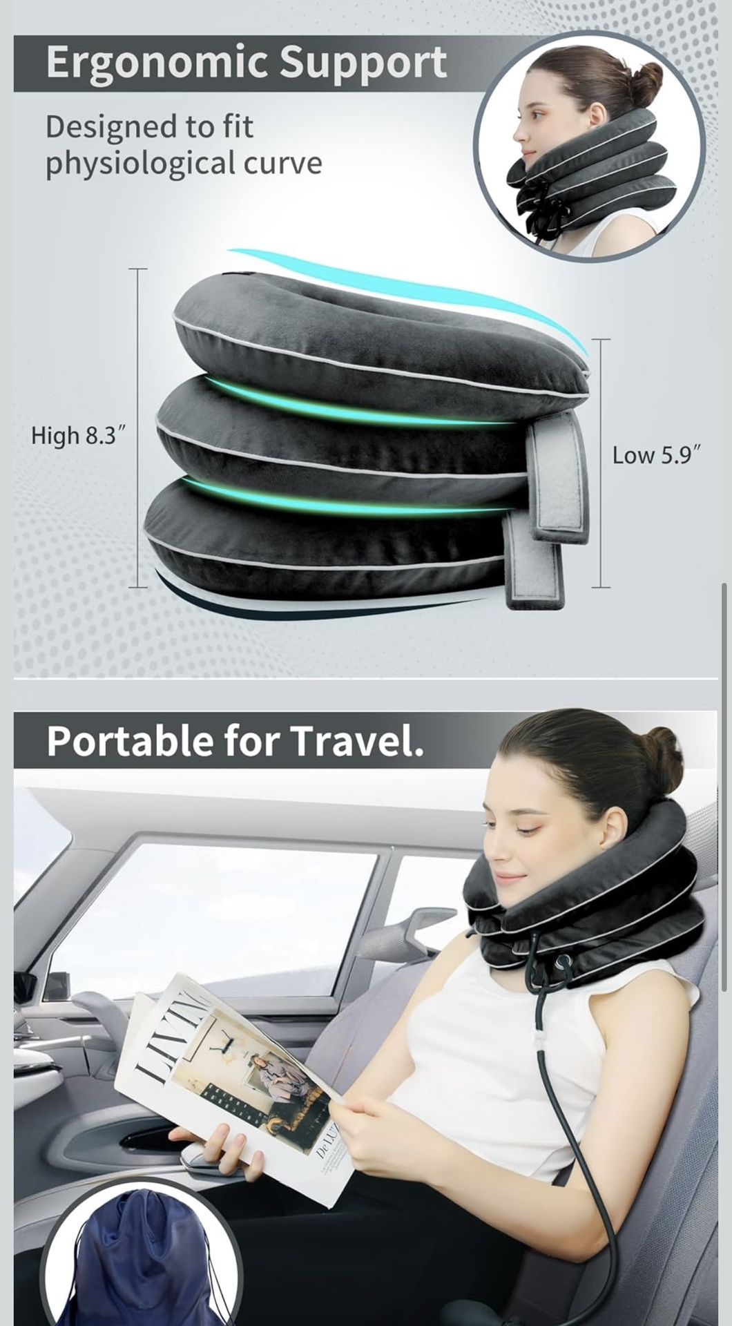 S Cervical Neck Traction Device for Neck Pain Relief - Inflatable Neck Stretcher Collar for Decompression - Best Home Use Neck Brace Pump