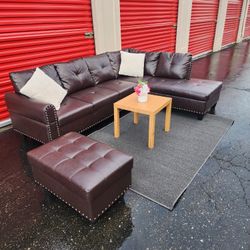 *Free Delivery* L Sectional Brown Leather Couch Cup Holder Storage Ottoman Coffee Table Carpet And Pillows