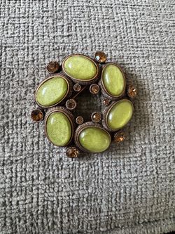Vintage Green Cabochon and Rhinestone Brooch