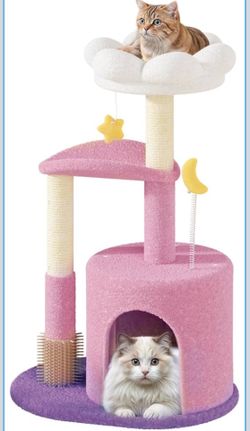 Athena Collection Small Cat Tree Condo with Sisal Scratching Post, 33 Inch Modern Cute Flower Cat Tree Tower with Cozy Perch Toy Ball for Indoor, Kitt