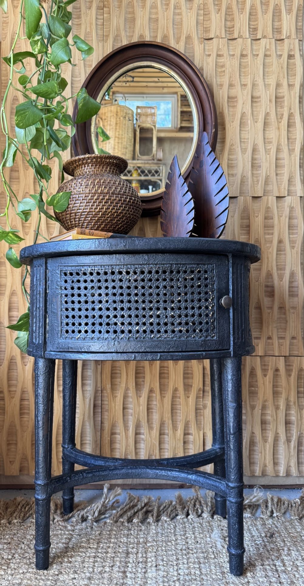 Arhaus Merle Oval Black Cane Side End Table Textured Distressed Vintage Finish Storage Traditional