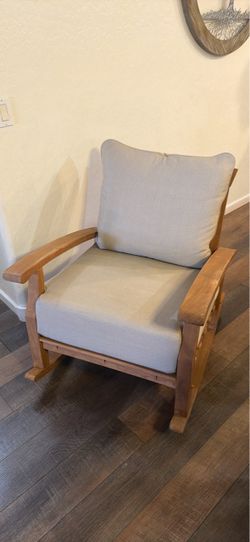 Auburn Natural Teak Wood Frame Rocking Chair with Beige Cushioned Seat