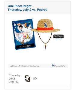 LA Dodgers x One Piece Give Away, 2x Tickets For Sale