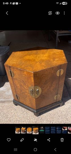 Vintage 1970s Burl Wood Hexagonal Commode - MCM / Chinoiserie Style