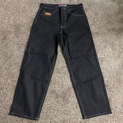 Empyre Loose Fit black salvage denim jeans with white contrast stitching #denim #baggy size 32 x32