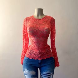 New Beautiful Scalloped Lace Long-sleeve Blouse