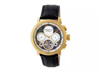 HERITOR Aura 44mm Gold/White Stainless Steel Case Black Leather Semi-Skeleton