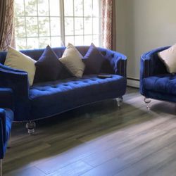 Blue Velvet Sofa Set And Coffee Table 