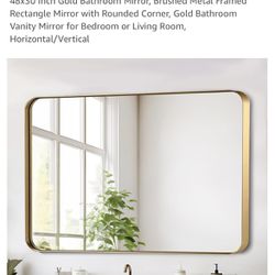48x30 Jenbely Gold Bathroom Mirror, Brushed Metal Framed Rectangle Mirror Round Corner NEW in Box 