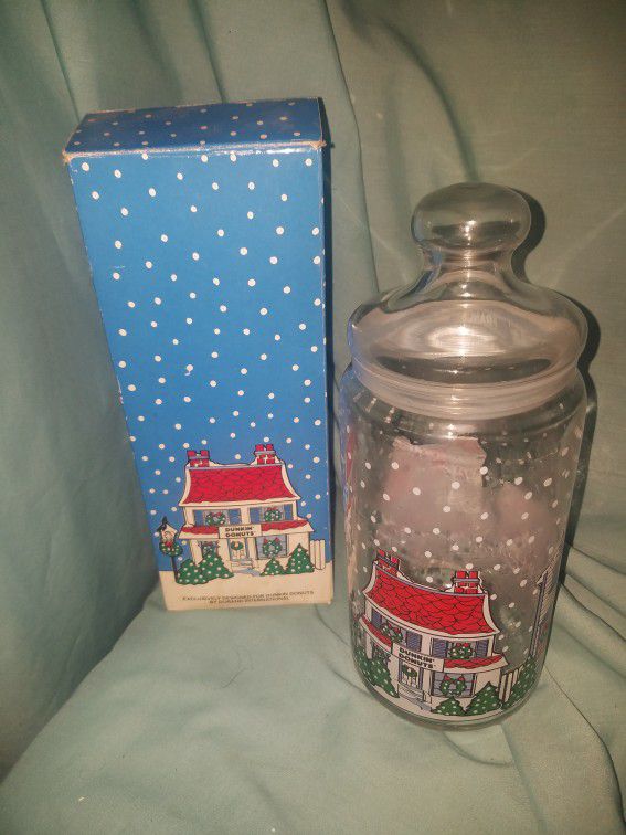 Vintage Dunkin Doughn Winter Holiday Christmas Glass Jar Canister Sealed Lid