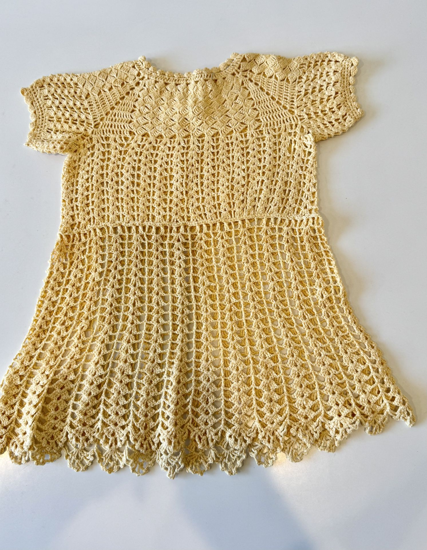 Vtg Toddler Girls Hand Crocheted 1960s Dress Yellow 17” Long 11” Across 