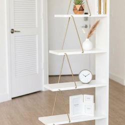 Modern White and Gold 6-Tier Bookshelf Used- Good