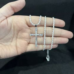 925 Sterling Silver Mens Women Cross Crucifix CZ Pendant & Rope Chain