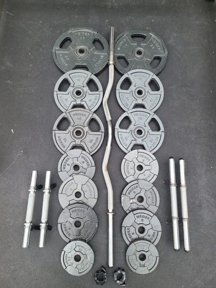 1" Standard Weight Plates (2x25Lbs,4x10Lbs,6x5Lbs,2x2.5Lbs) and EZ Curl Bar for $120 Firm (WALNUT 91789)