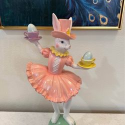 24” Easter Bunny  Holding Teacups Standing On A Teal Polka - Dot Egg