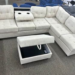 NEW IN BOX  Reversible Sectional + Ottoman -Beige Fabric Water Resistant FINANCE available $54 down