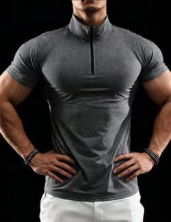 Half Zip Stand Up Collar Shirt Men Slim Fit Ribbed  Short Sleeve XL Gray