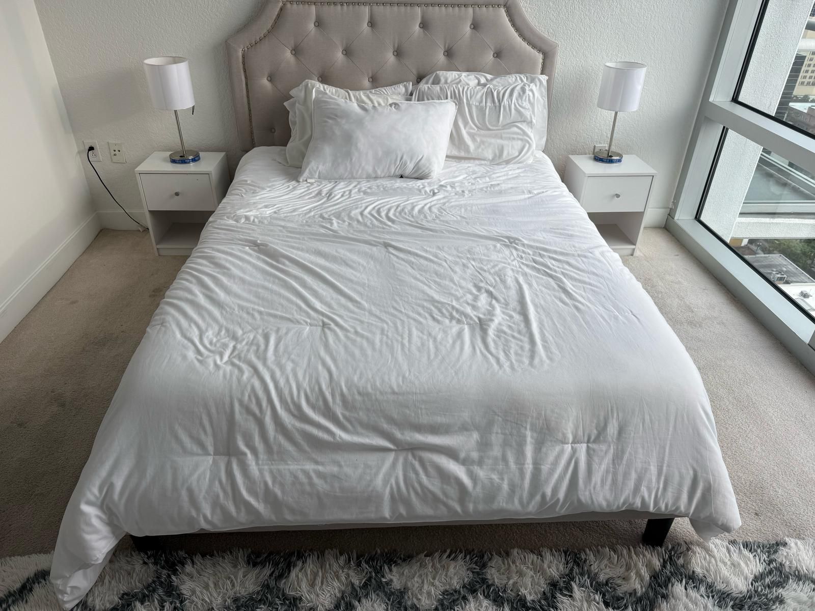 Tufted Bed Frame With Lamps And End Tables