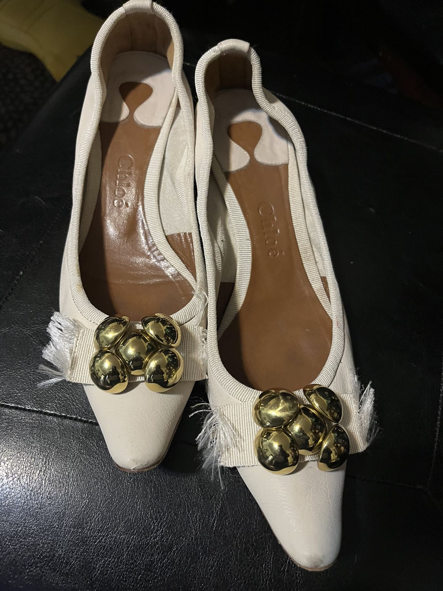 Chloe’s Leather Cream Low Kitten Heel Shoes