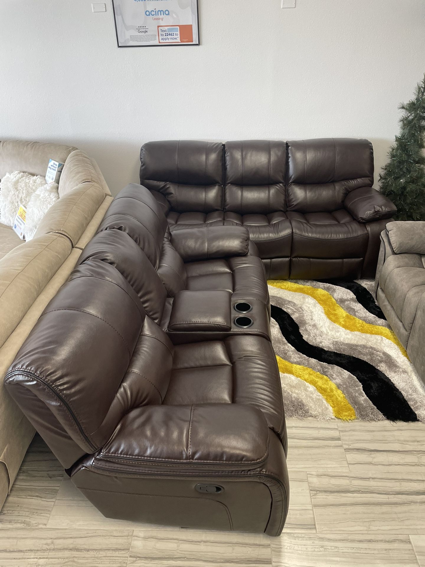 Summer sale event. Madrid brown leather reclining sofa and loveseat set now $1099. Easy finance option. Same day delivery.