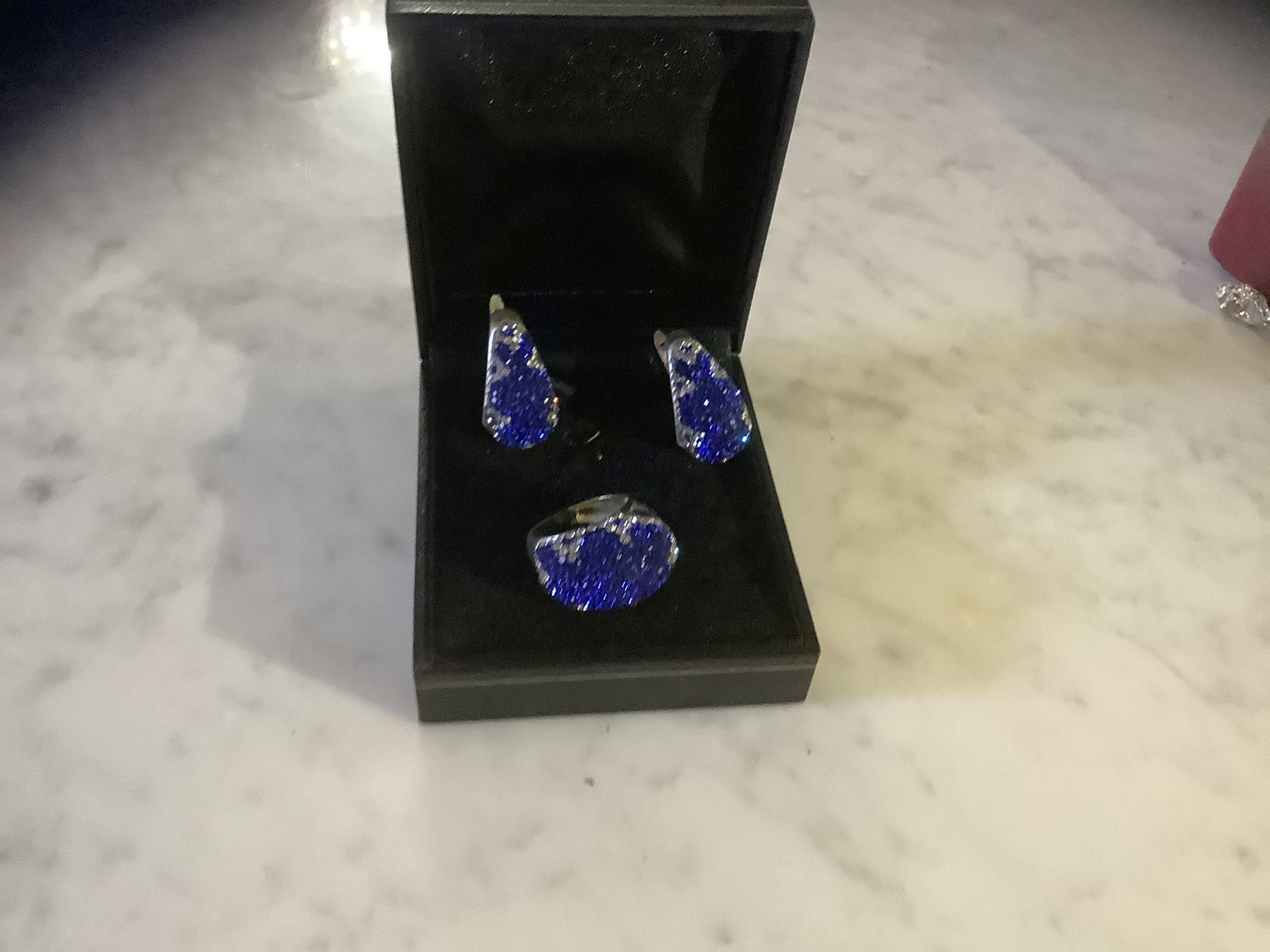 Silver earrings and ring set with blue and wite Swarovski stone brand new