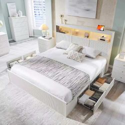 King Bed Frame with LED Headboard and Storage