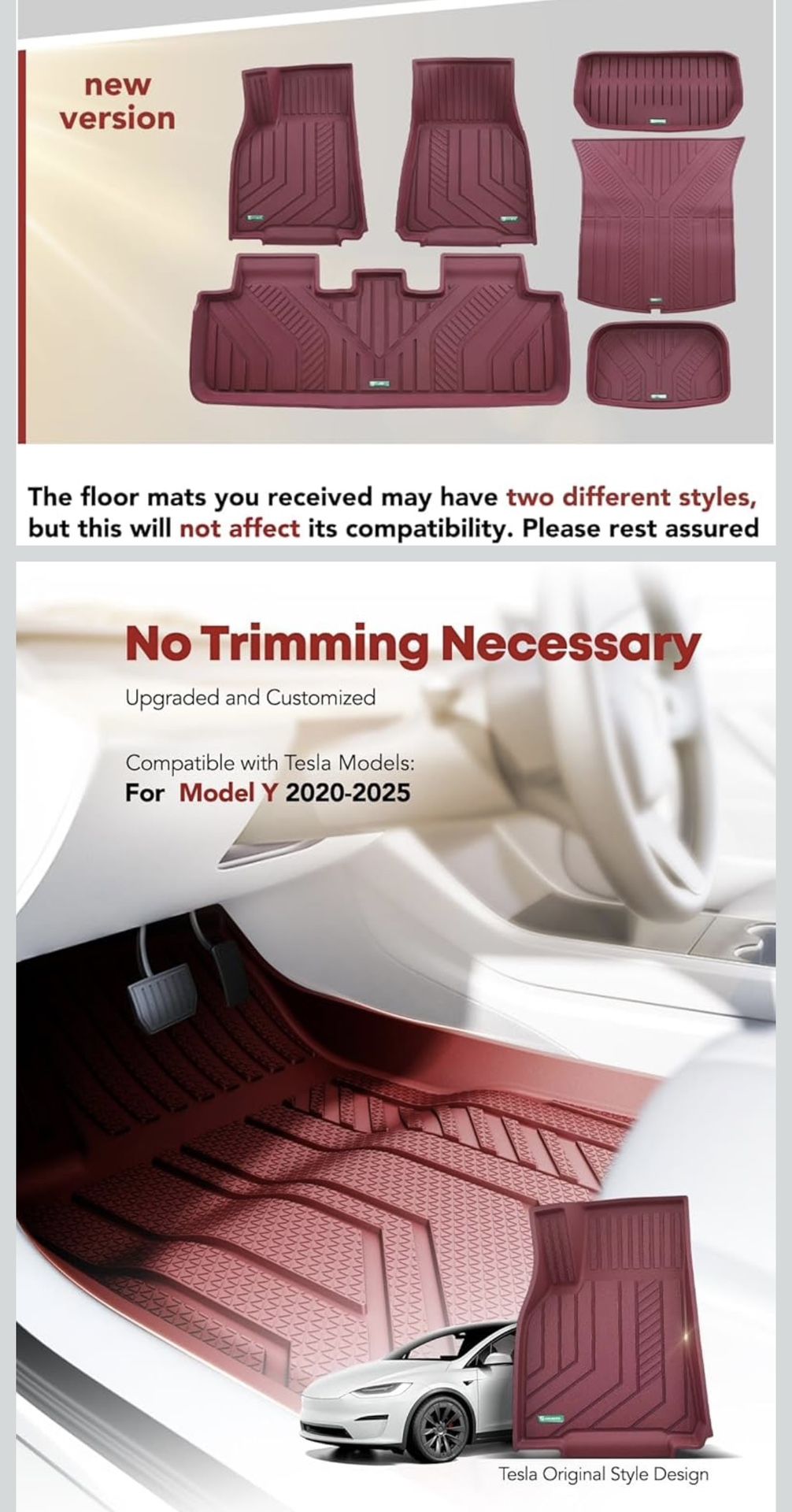 YHTAUTO Custom Fit Red Car Floor Mats for Tesla Model Y 2025-2020 5 Seater, All Weather TPE Car Mats Carpet, Front Rear Trunk Cargo Storage Liner Mats