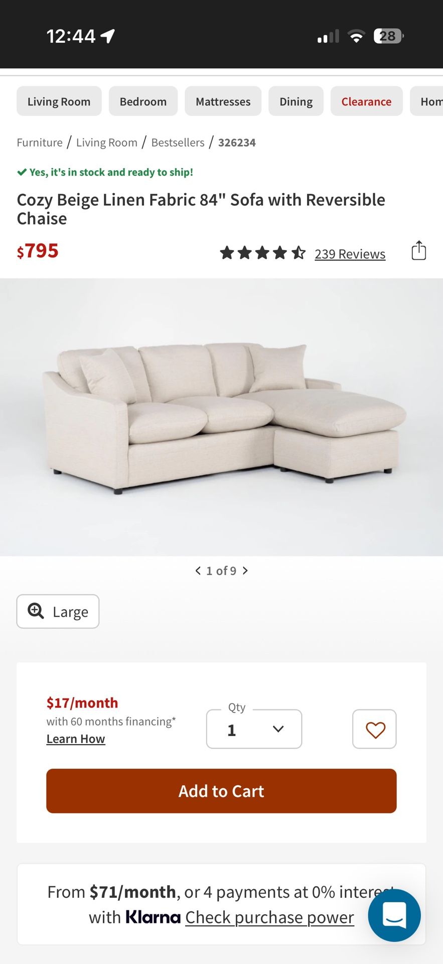 Cozy Beige Linen Fabric 84" Sofa with Reversible Chaise