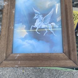 Antique Picture Of Flying Horse In The Sky  With Glass Frame. 