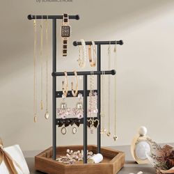 Jewelry Holder, Jewelry Organizer, 4 Independent Zones, Jewelry Display Stand with Metal Frame, Necklace Earring Bracelet Holder, for Rings, Black 