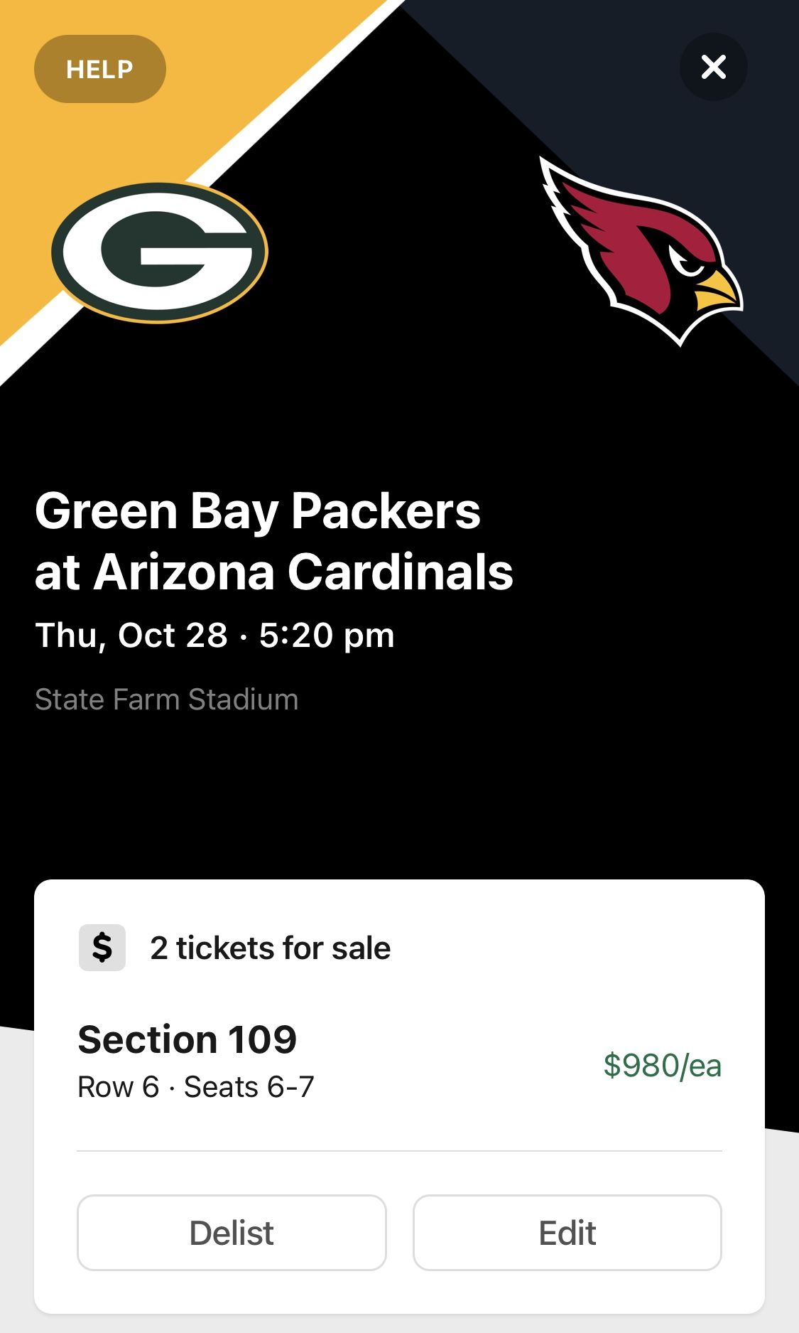 2 Cardinals vs. Packers Row 6 @ 50 Yd Line 