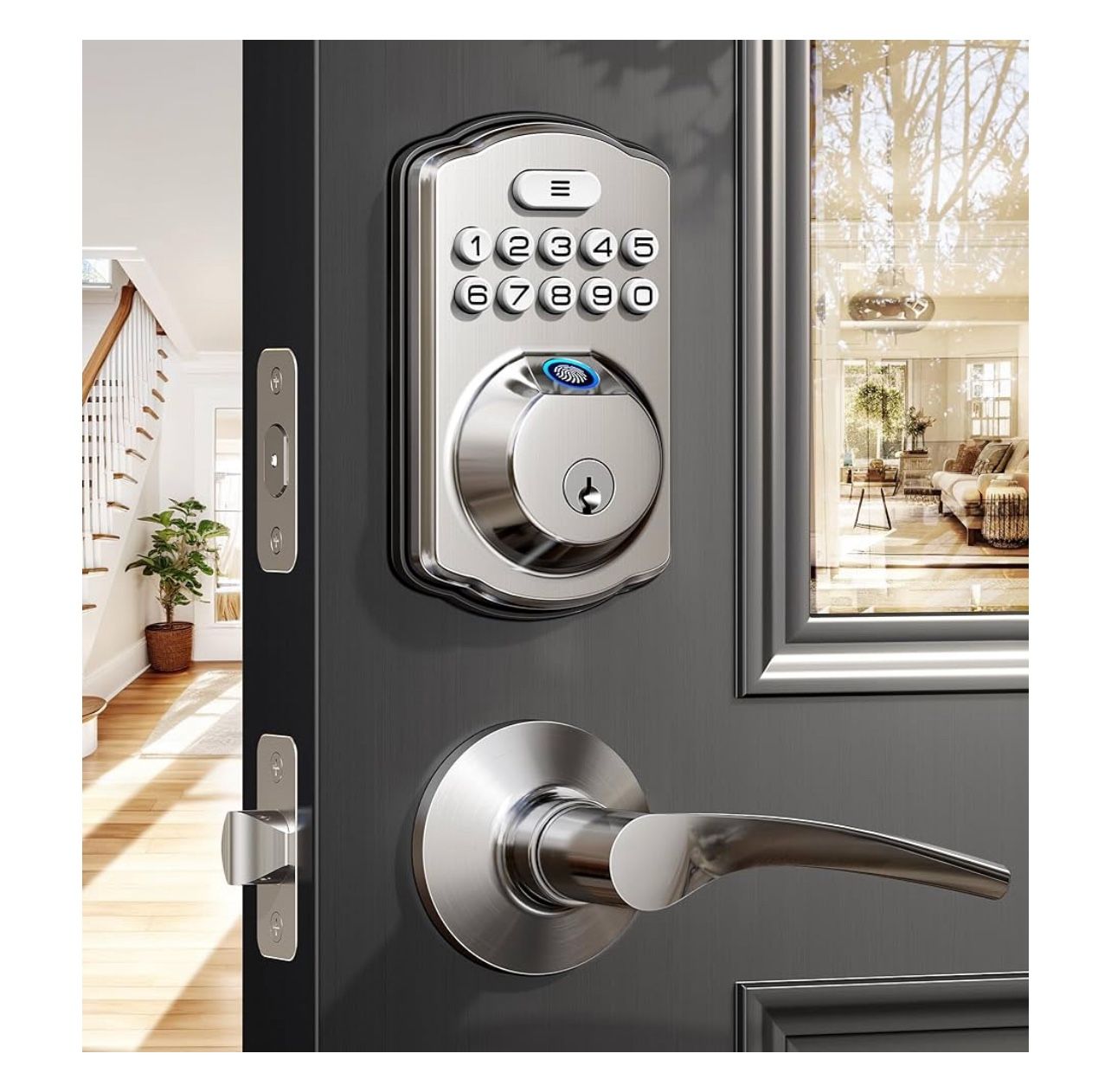 Veise Fingerprint Door Lock with 2 Lever Handles - Keyless Entry Door Lock