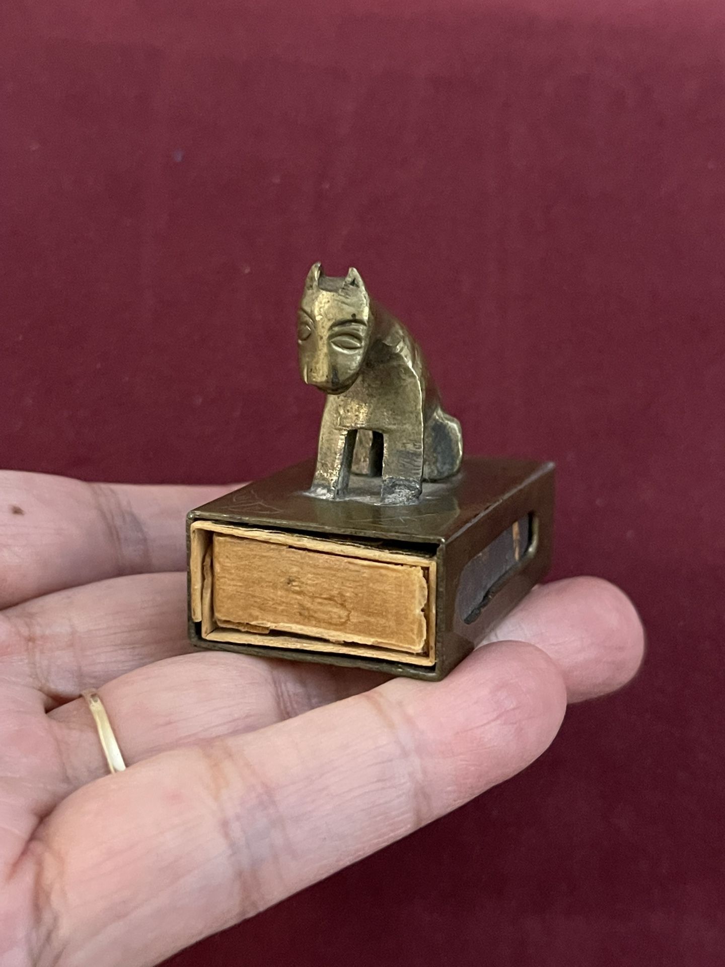 Antique 1900βs Brass Chinese Matchbox Holder With Etched Engraving With Original Matchbox Victorian π