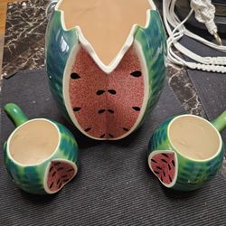 Watermelon Pitcher Set, Glass Lemonade Jar, Salt And Pepper Shaker W/ Plate