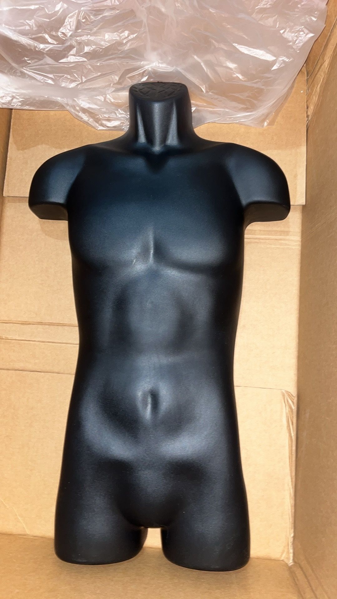 New! Male Molded Shatterproof Black Shapely Torso Form With Hook - Fits Men's Sizes S-L - Hanging Mannequin